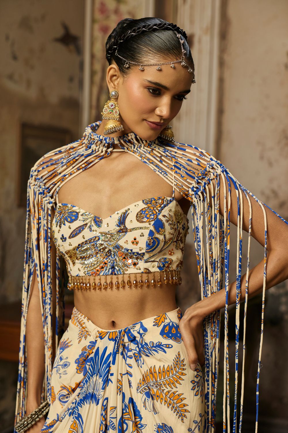 IVORY PRINTED AND HIGHLIGHTED BLOUSE WITH FRINGE JACKET & SKIRT SET