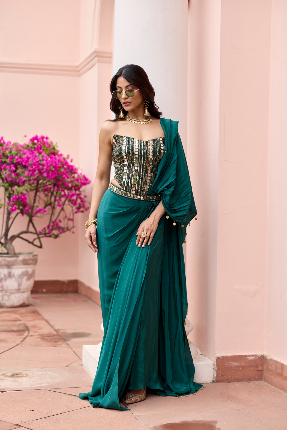 BOTTTLE GREEN EMBROIDERED CORSET SAREE SET