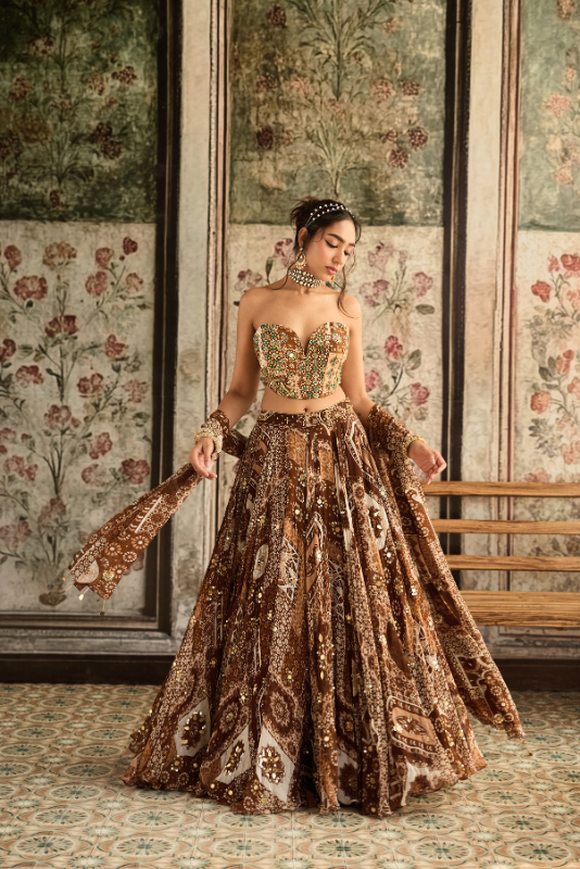 CARAMEL PRINT AND HIGHLIGHTED CORSET TOP WITH LEHENGA SET