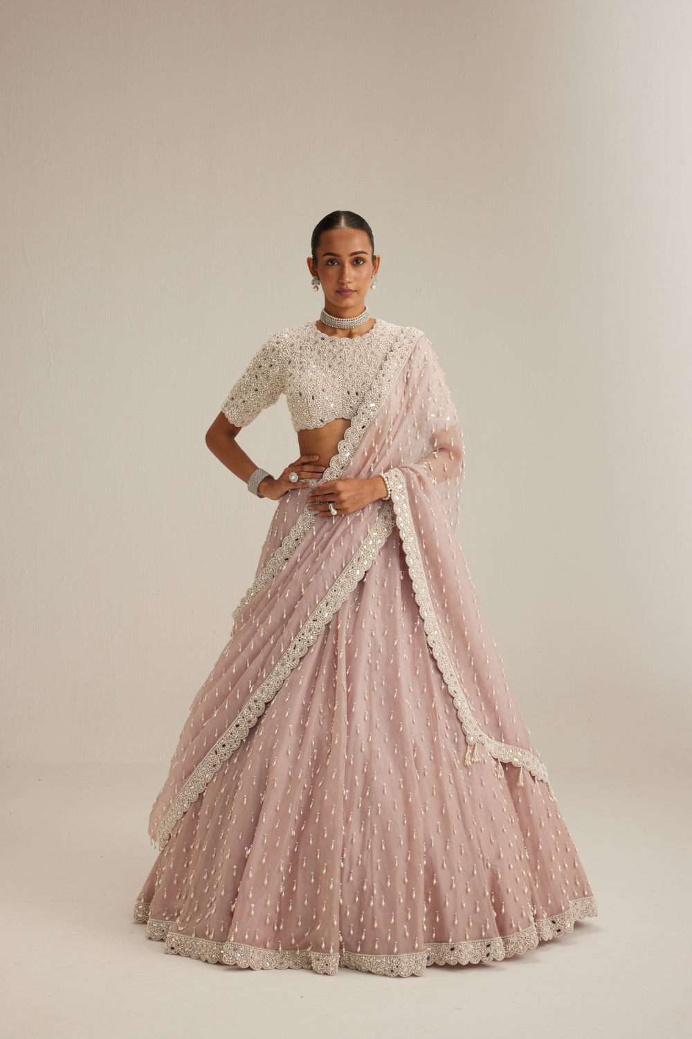 Ash Pink Pearl Drop Lehenga with high neck blouse