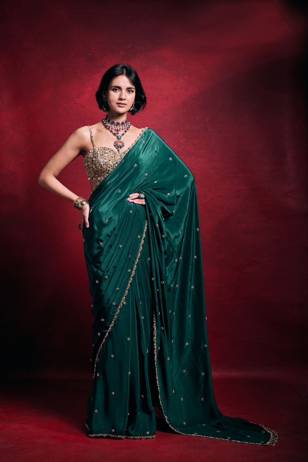 EMERALD GREEN CREPE SAREE SET