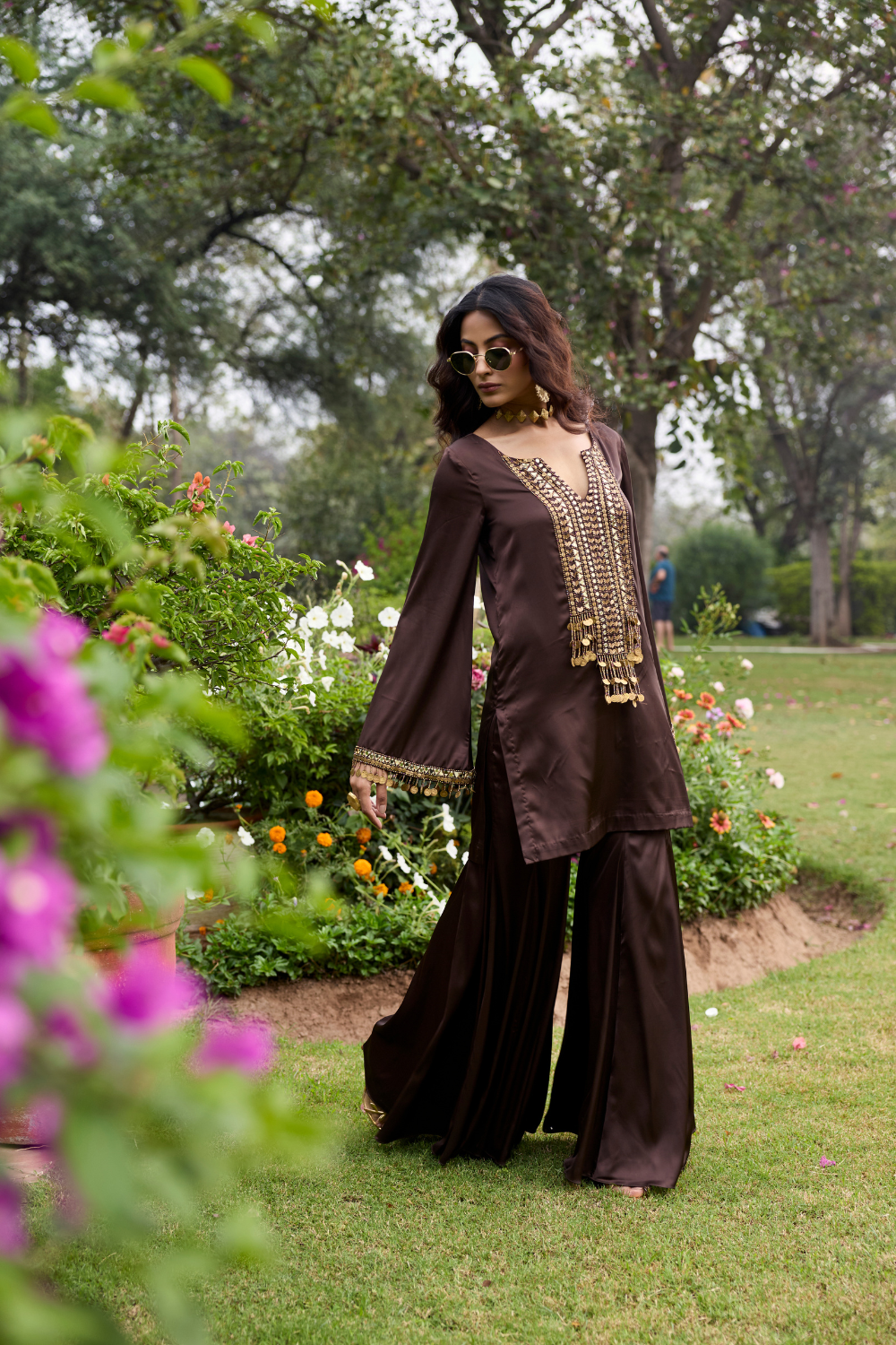 MOCHA BROWN EMBROIDERED SATIN KURTI SET