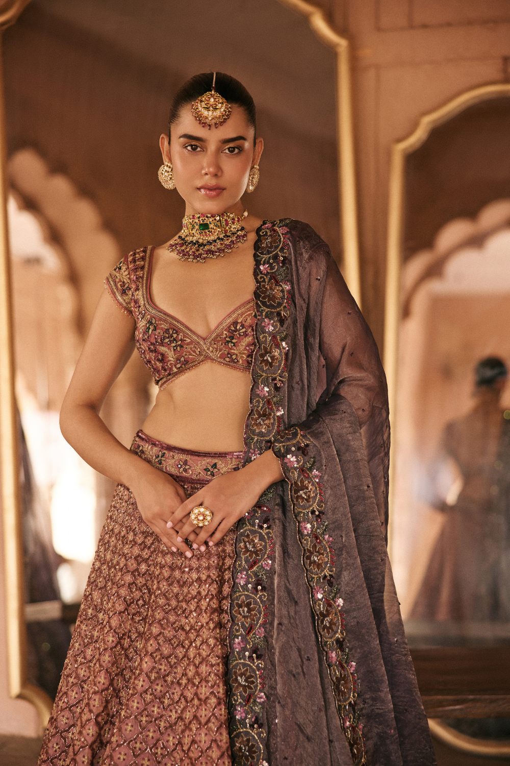 Pink, Purple, hand embroidery, sequins, Tissue Lehenga Set