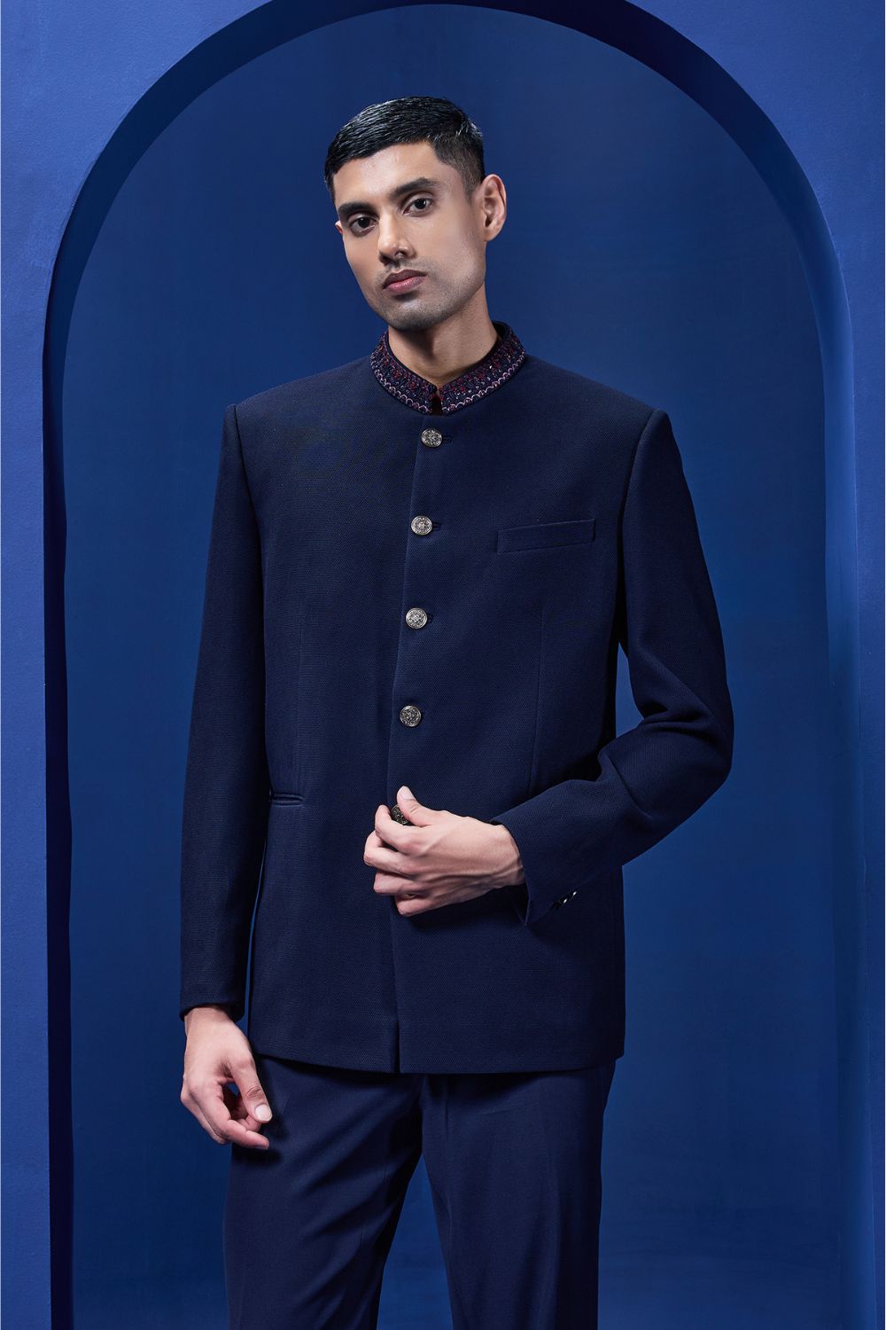 Navy blue bandhgala detailing with golden button, sequins , cutdana and thread work