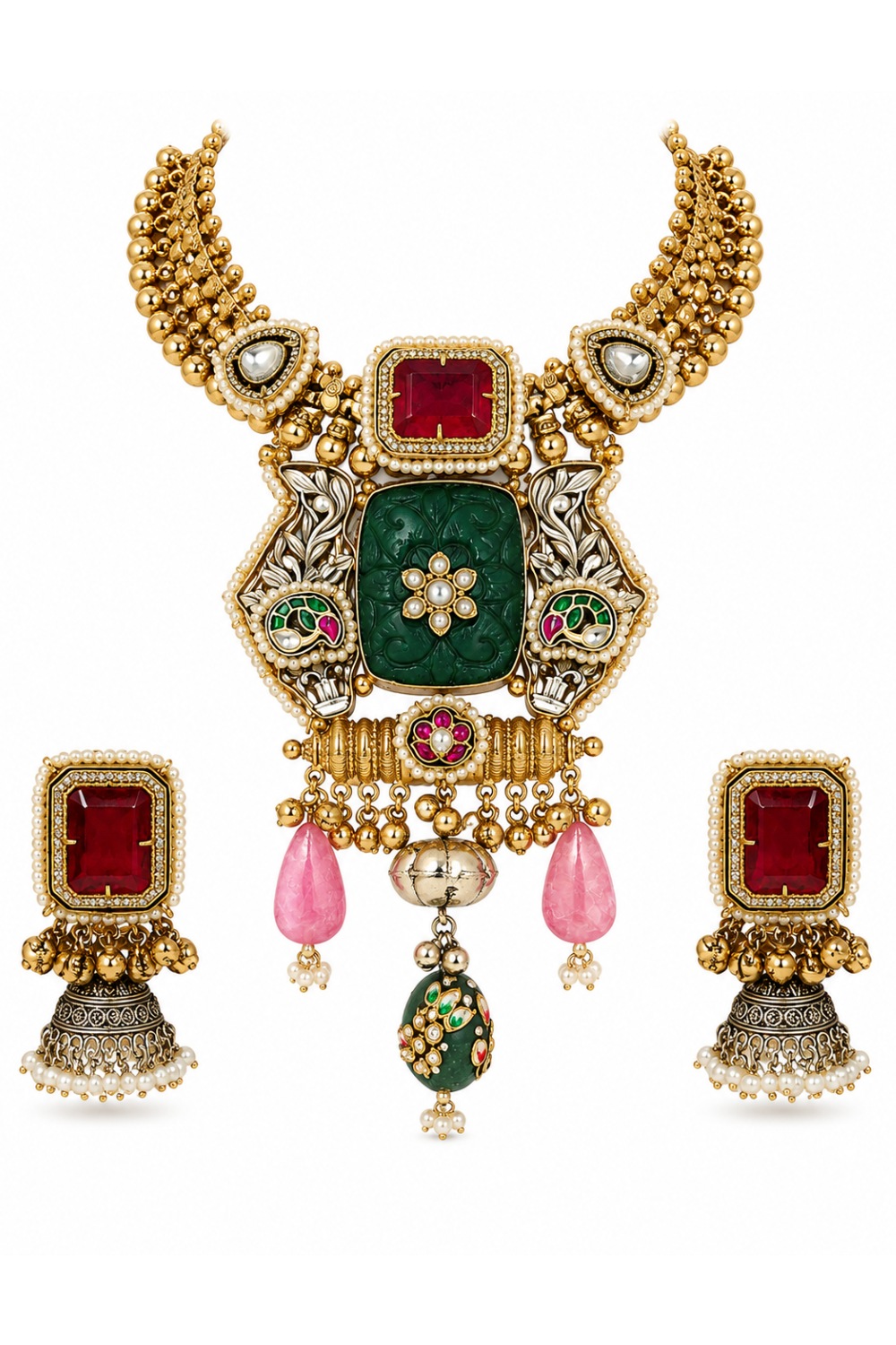 Royal Emerald Ruby Statement Necklace Set with Jhumka Earrings