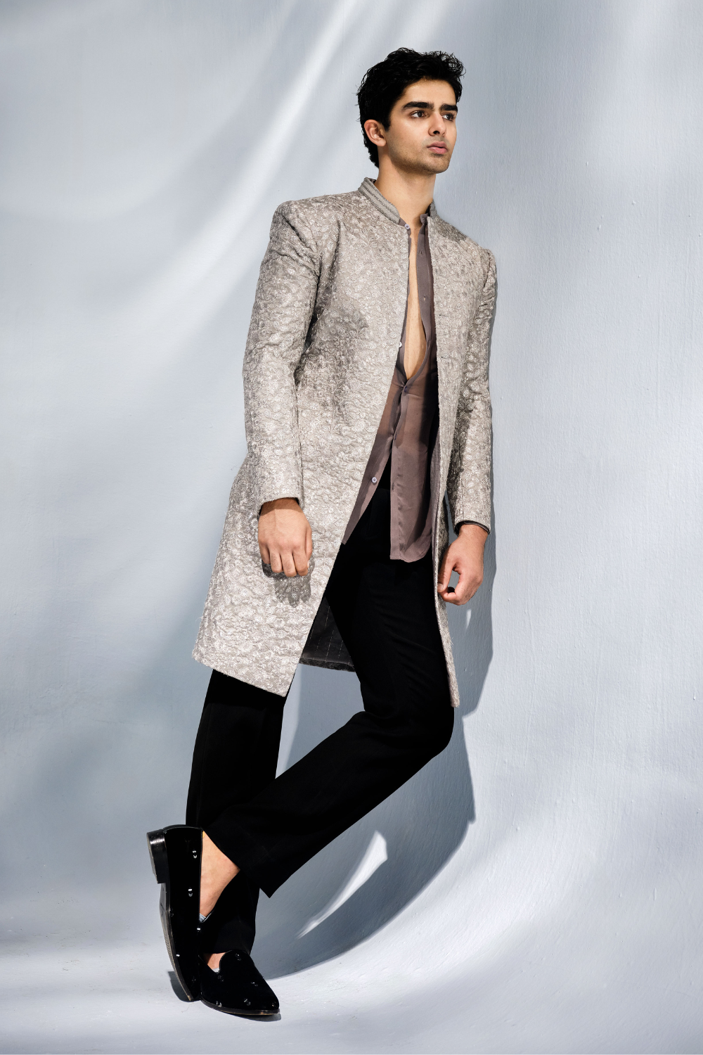 Grey thread work sherwani