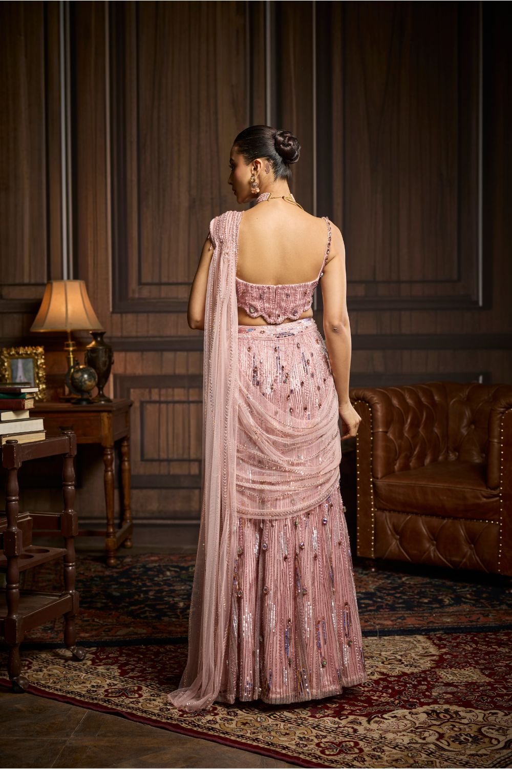 BLUSH PINK EMBELLISHED PRE-DRAPED SKIRT SAREE SET