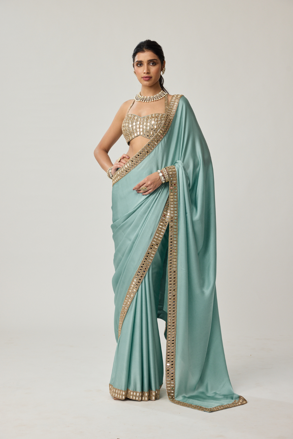 Powder Blue Mirror Satin Saree Set