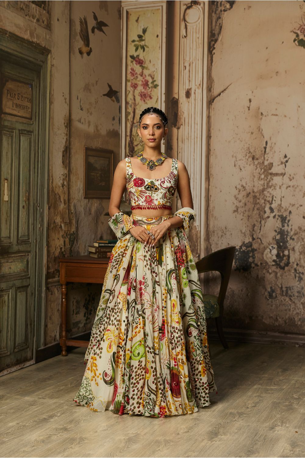 IVORY PRINT AND HIGHLIGHTED LEHENGA SET