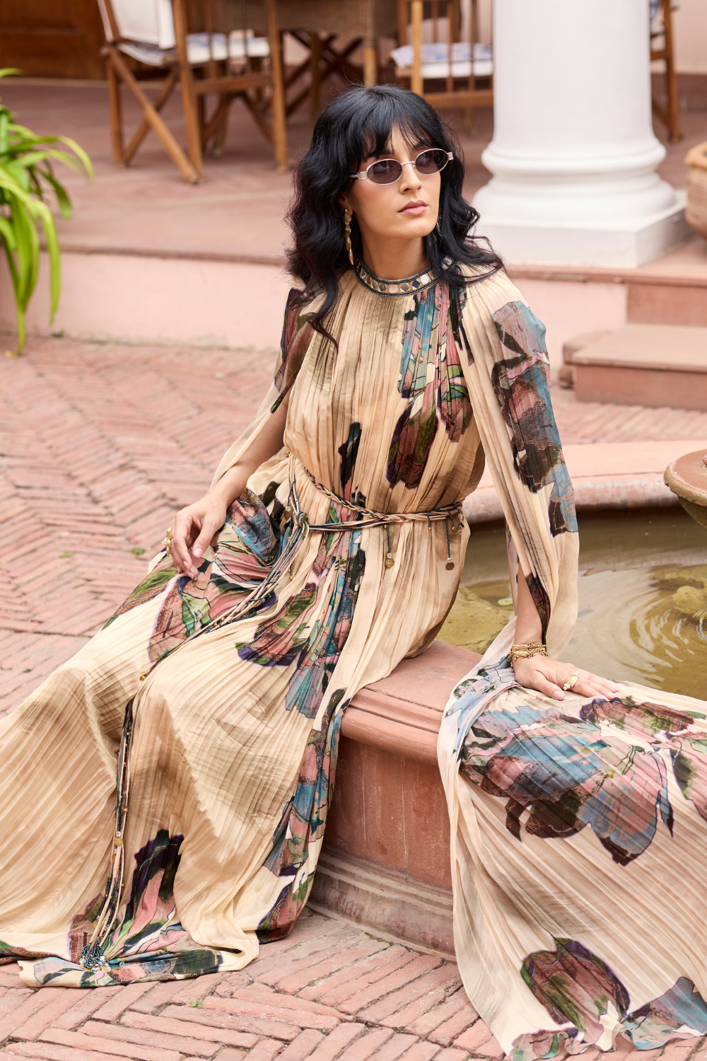 BEIGE FLORAL ROUCHED MAXI DRESS