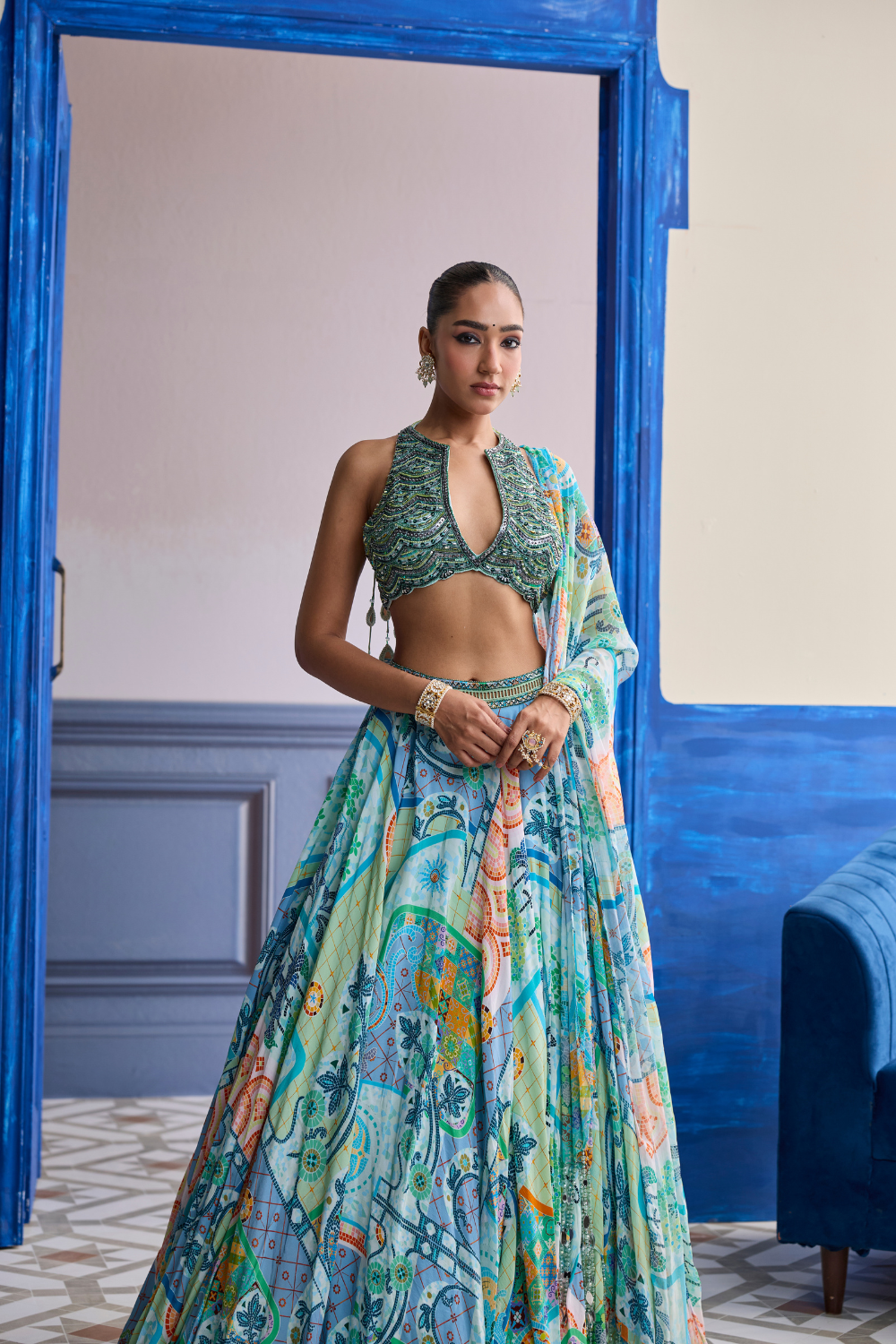 Aqua Blue Embroidered Blouse with Printed Lehenga & Tassel Dupatta Set