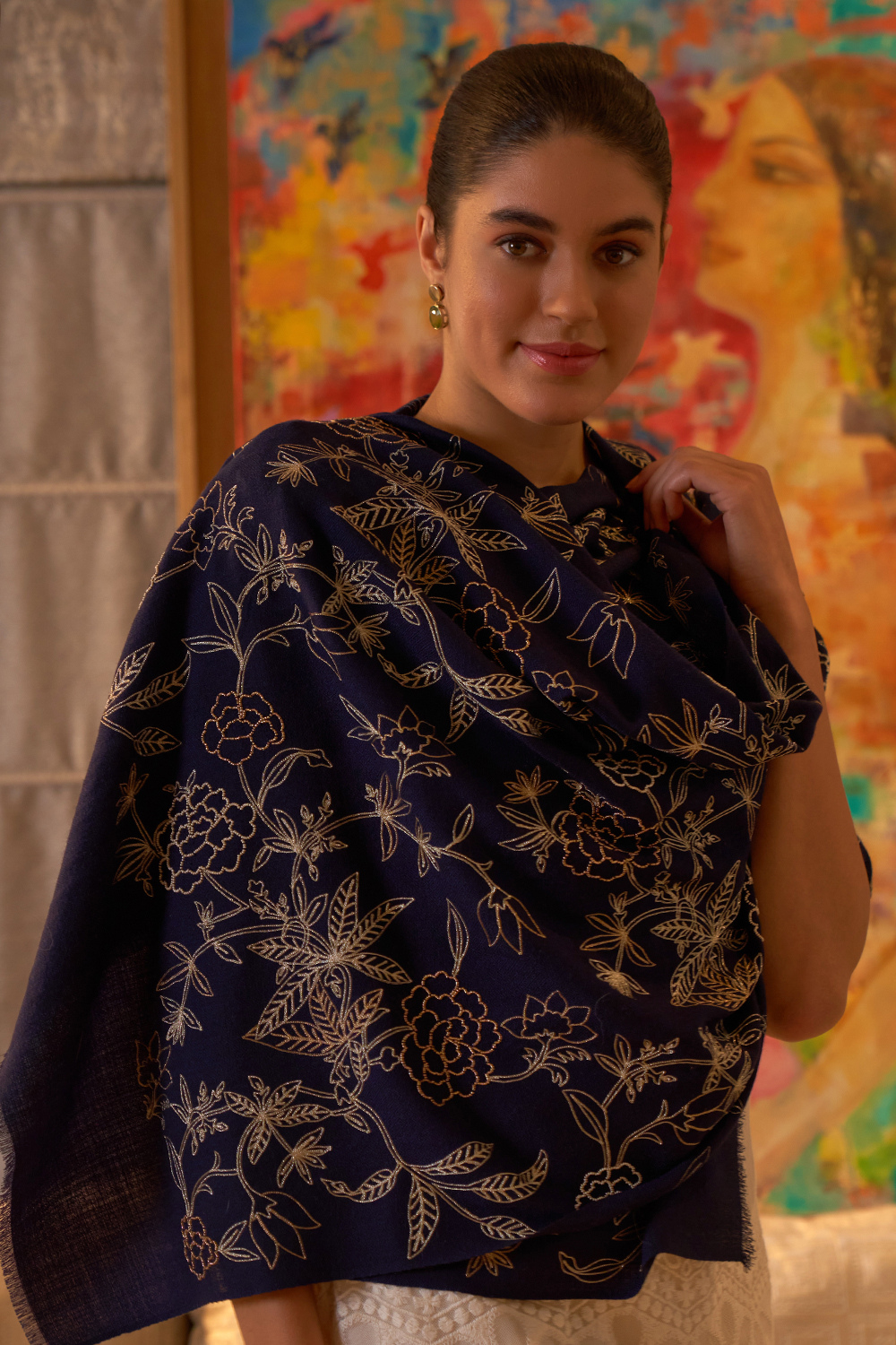 Golden Peony | Embroidered Fine Merino Wool Stole – Navy