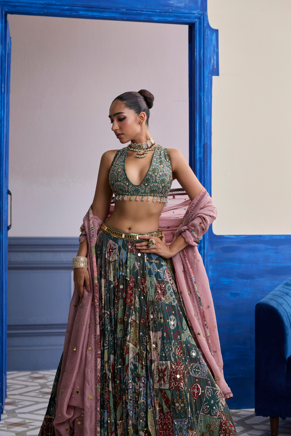 Forest Green Butta Blouse with Highlighted Lehenga & Embroidered Dupatta Set