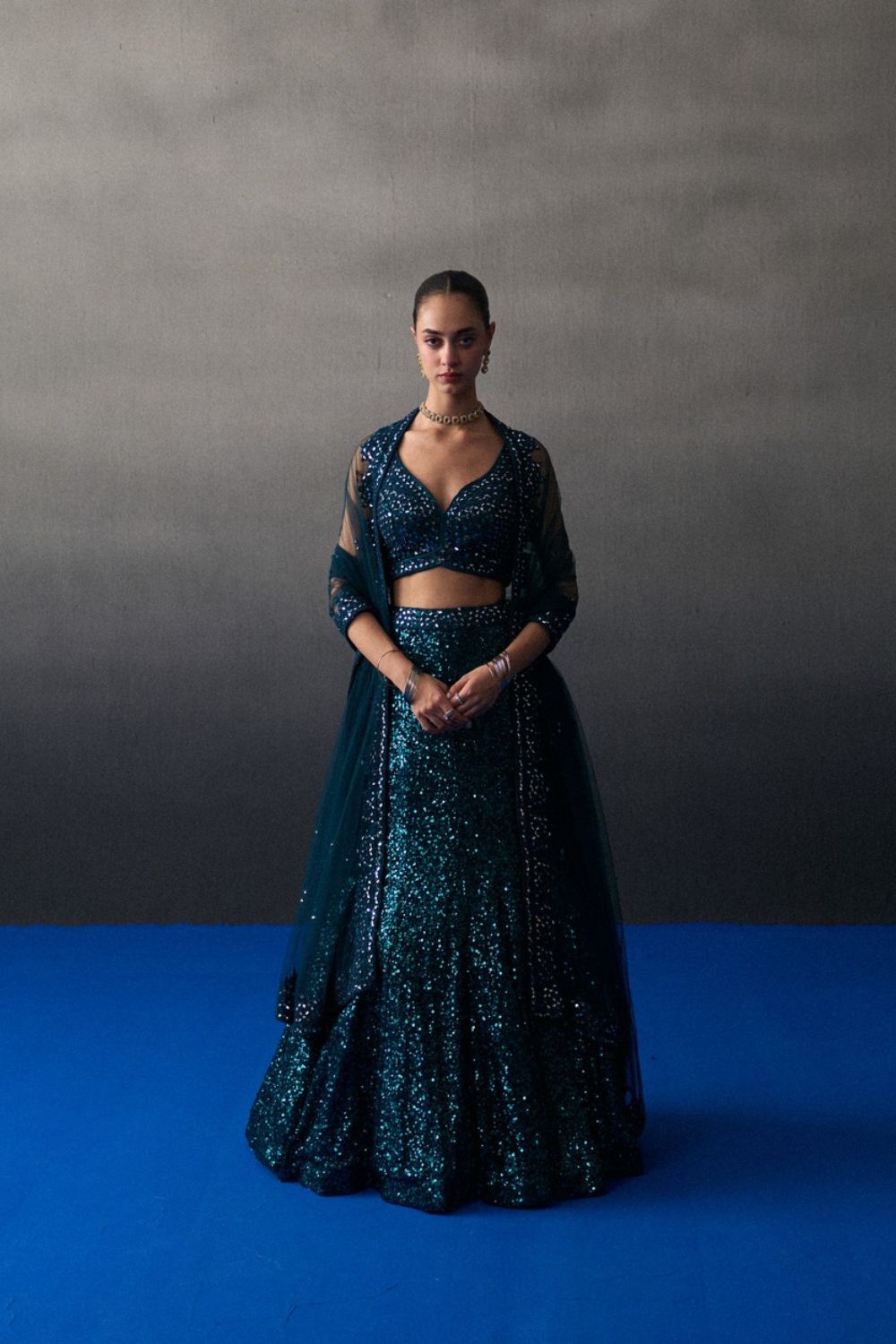 Peacock Blue Sequins Skirt Set