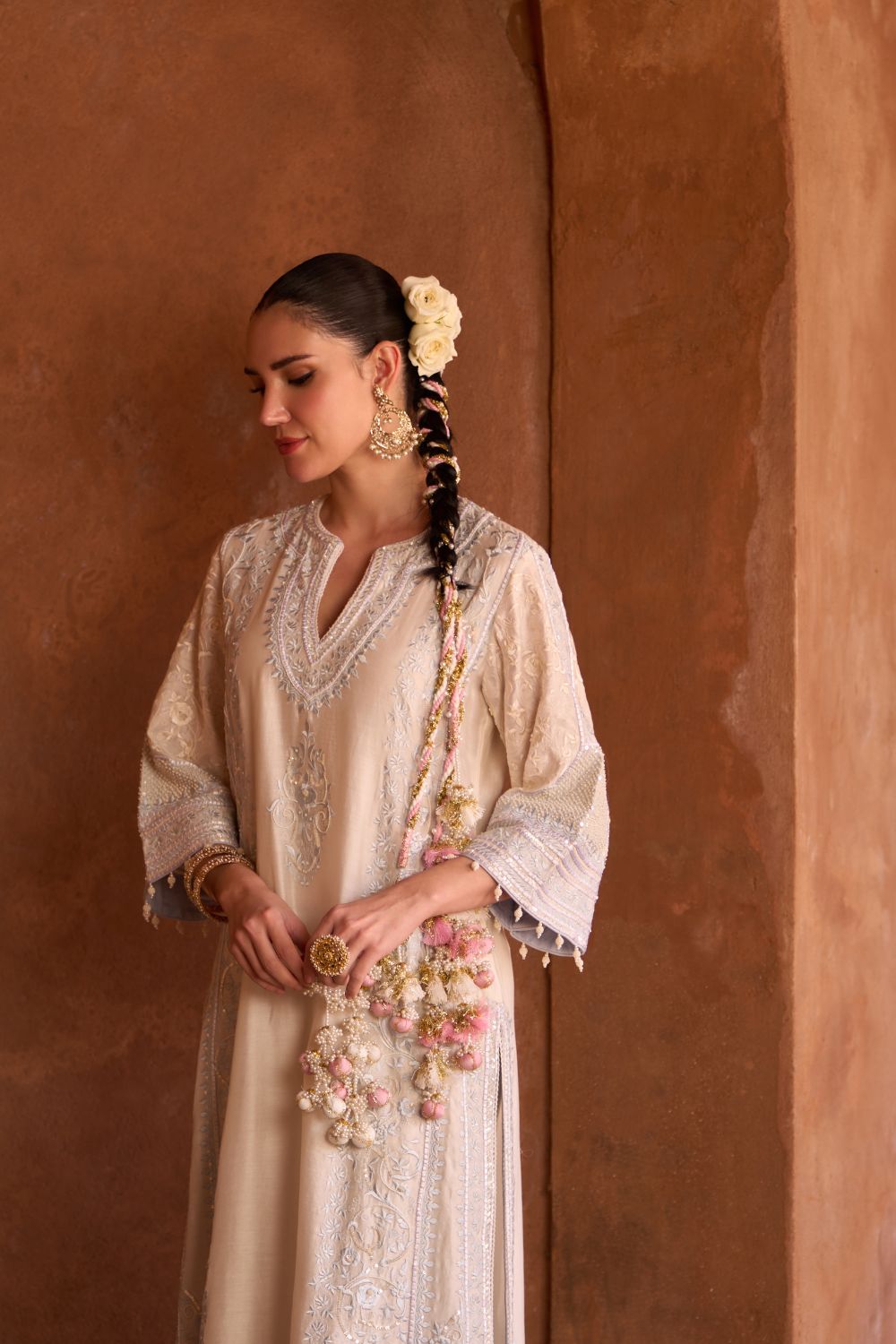 NURVI - DAISY IVORY WITH BLUE LONG A-LINE KURTA WITH PALAZZO AND DUPATTA
