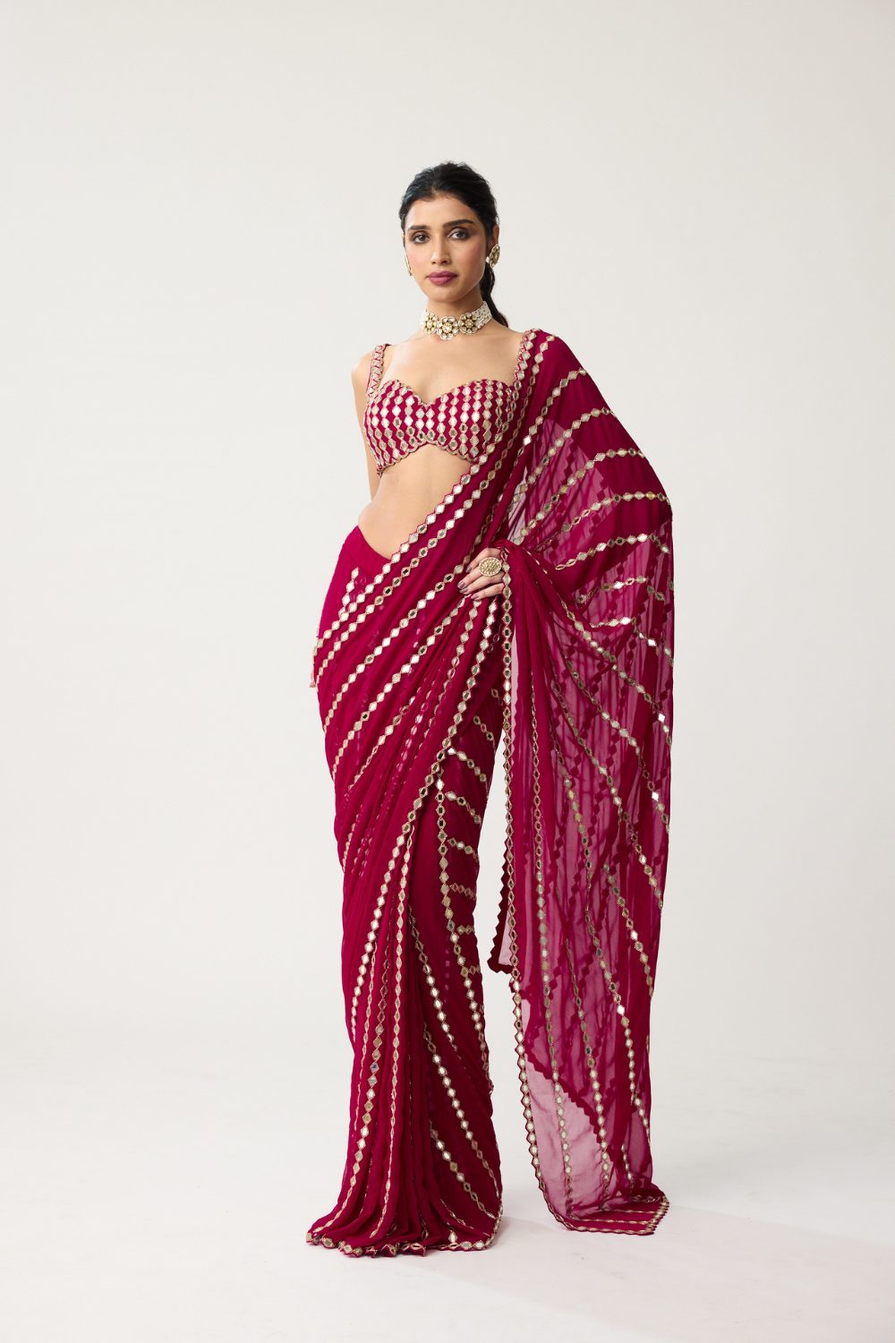 Ruby red Linear Mirror Saree Set