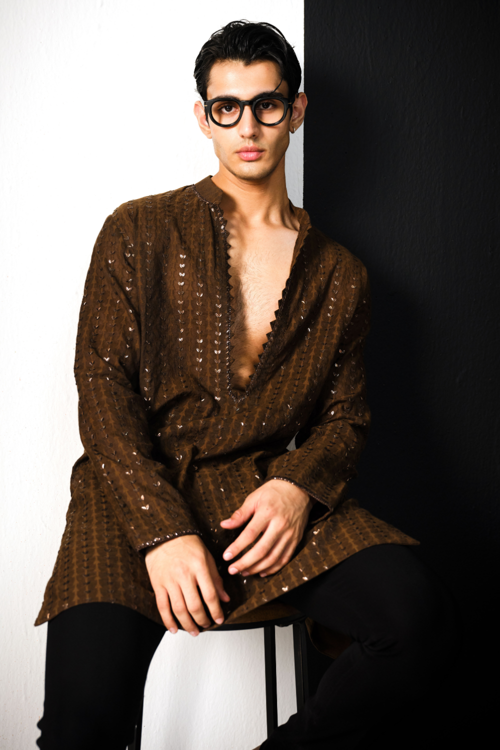 Espresso brown Chanderi kurta with patra work