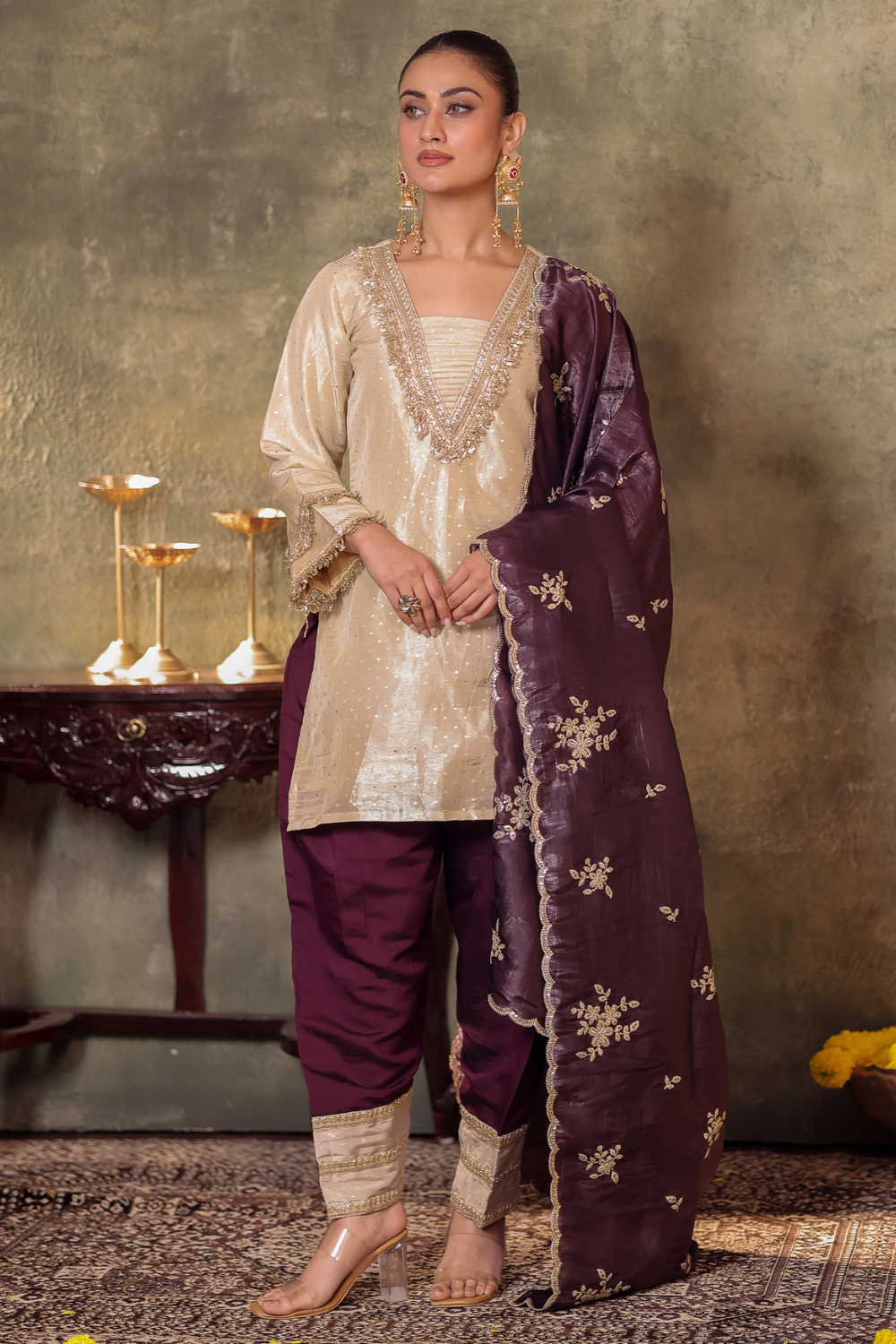 Tissue Kurta with Plum Farshi Set