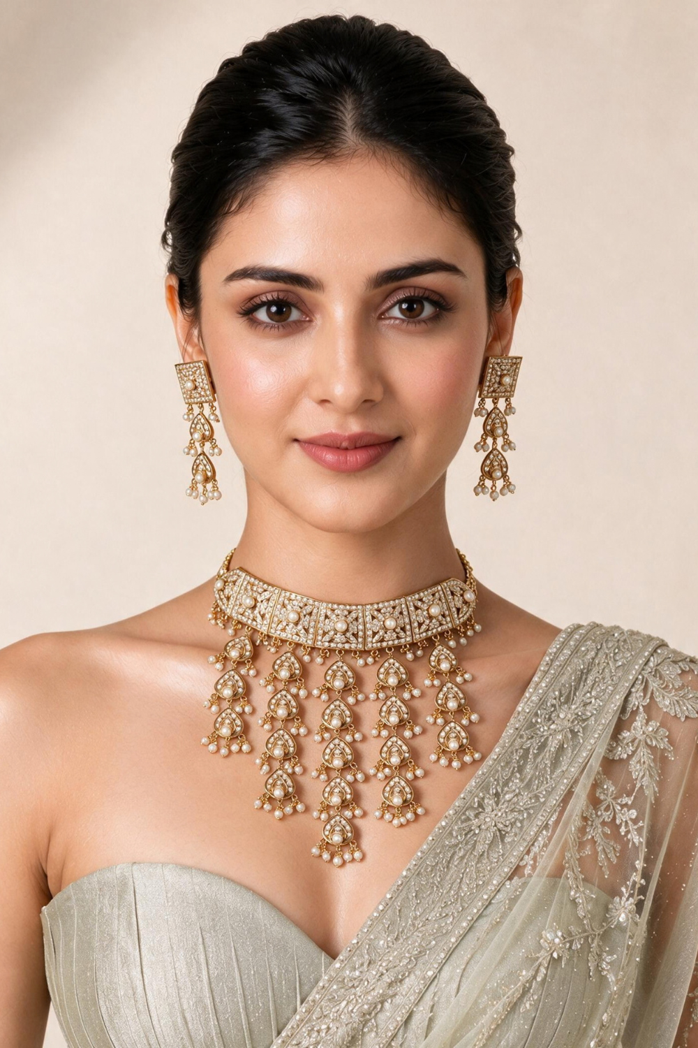 Gold Plated Handcrafted Jadau Necklace Set with Pearl Tassels