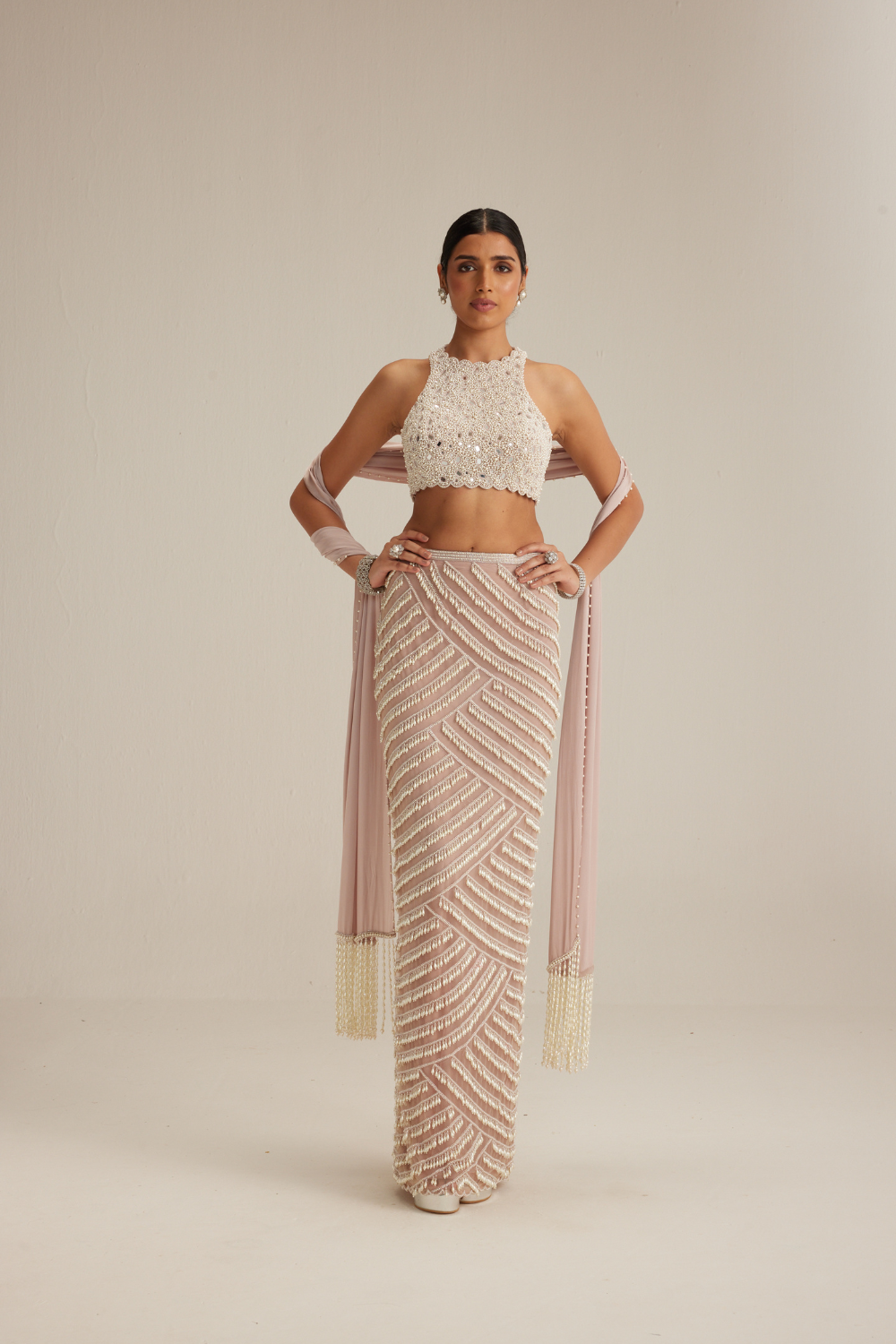 Ash Pink Pearl Drop Pencil Skirt Set