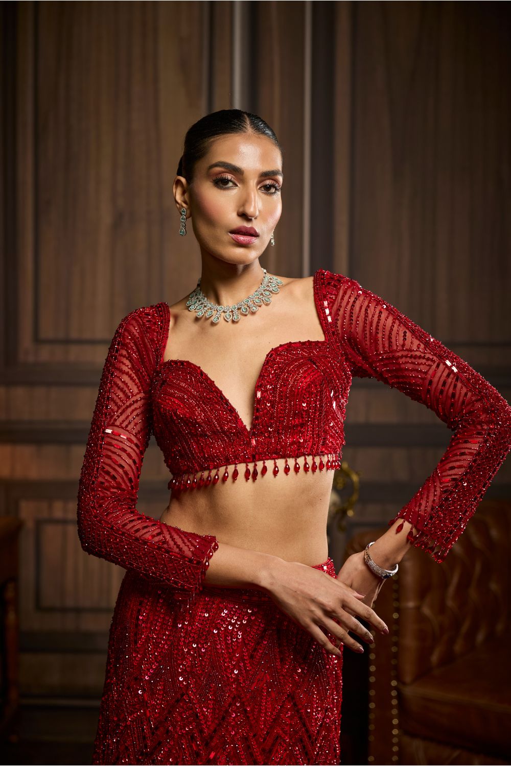 VERMELLION RED EMBROIDERED MERMAID SKIRT SET