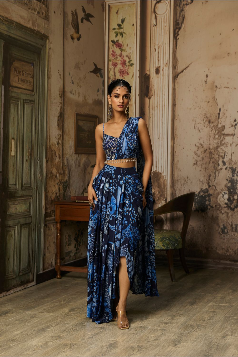 NAVY BLUE PRINTED DRAPE ASYMMETRIC CROP TOP AND SKIRT SET