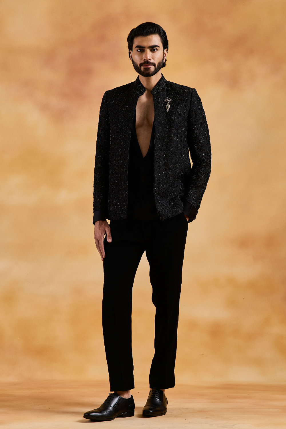 Black Open Jacket with Cowled Shirt and Pant