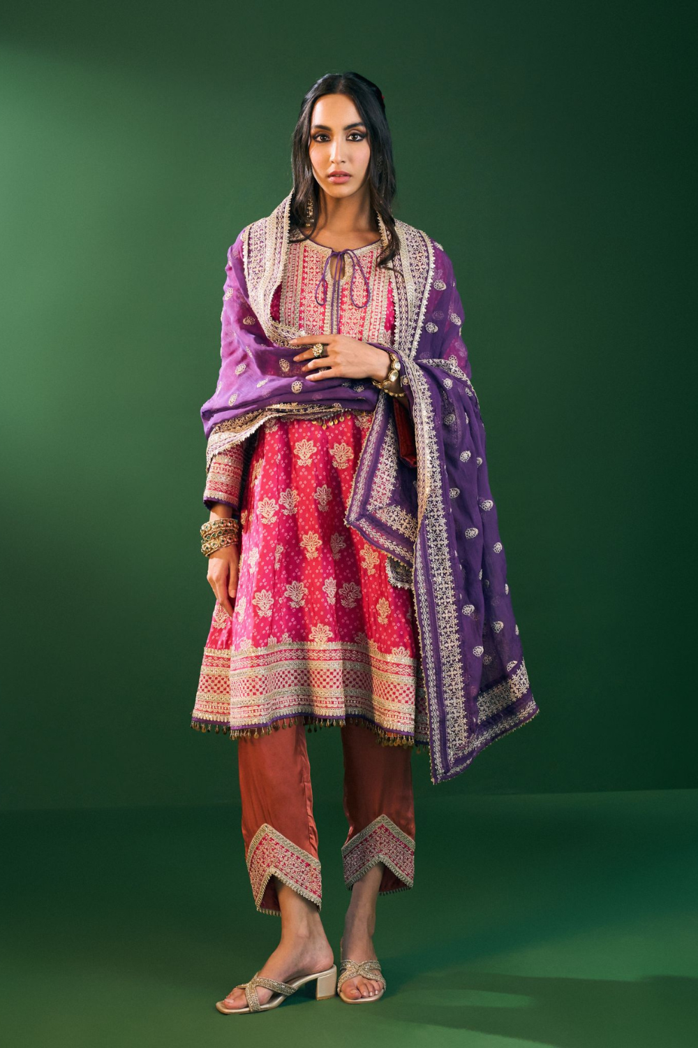 Arvini Cupro Satin Fuschia Anarkali Kurta Set