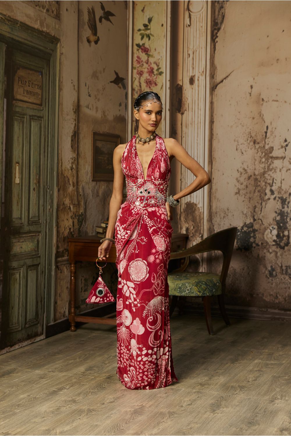 SCARLET RED PRINTED SLIT DRESS WITH HIGHLIGHTED CORSET BELT