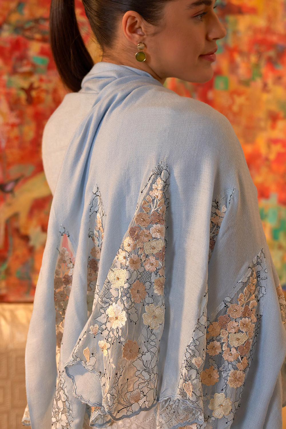 Cherry Blossom Flounce | Embroidered Wool Silk Stole – Powder Blue