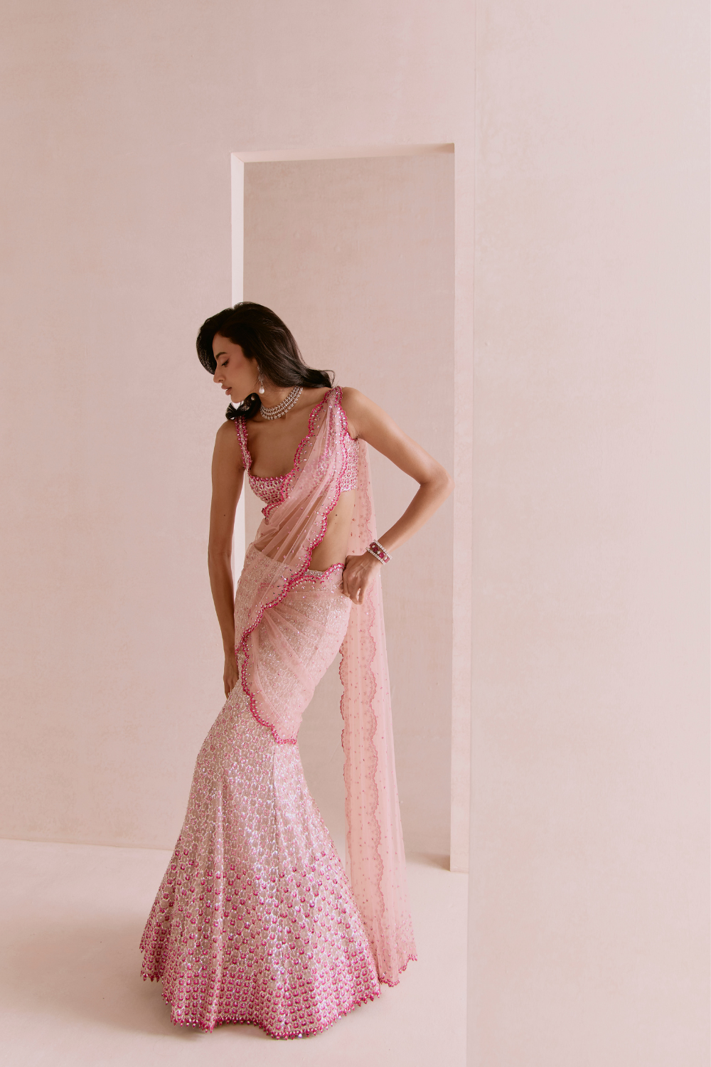 Pink Fishcut Drape Saree