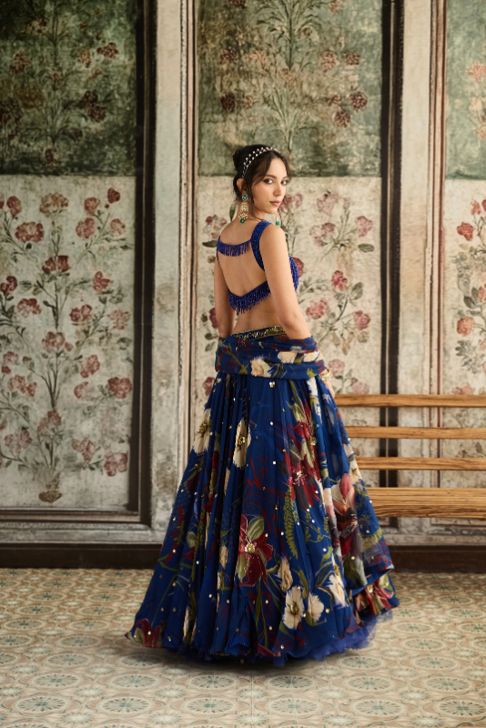 BLUE FLORAL PRINT AND HIGHLIGHTED LEHENGA SET