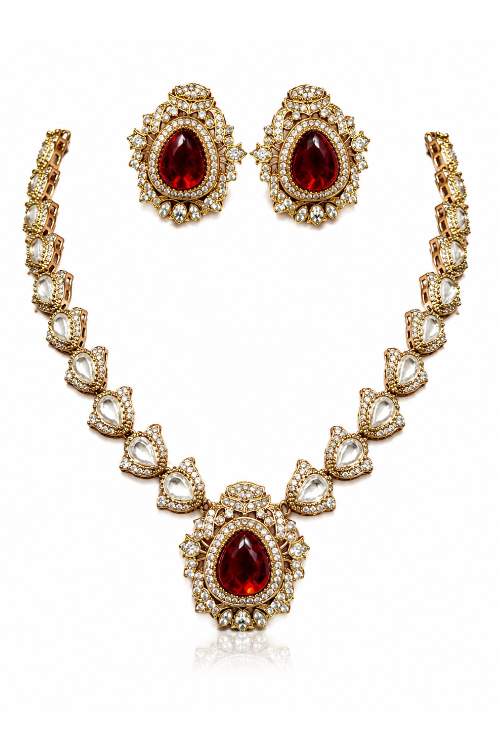 Ruby Red Jaipuri Kundan Statement Necklace Set with Matching Earrings