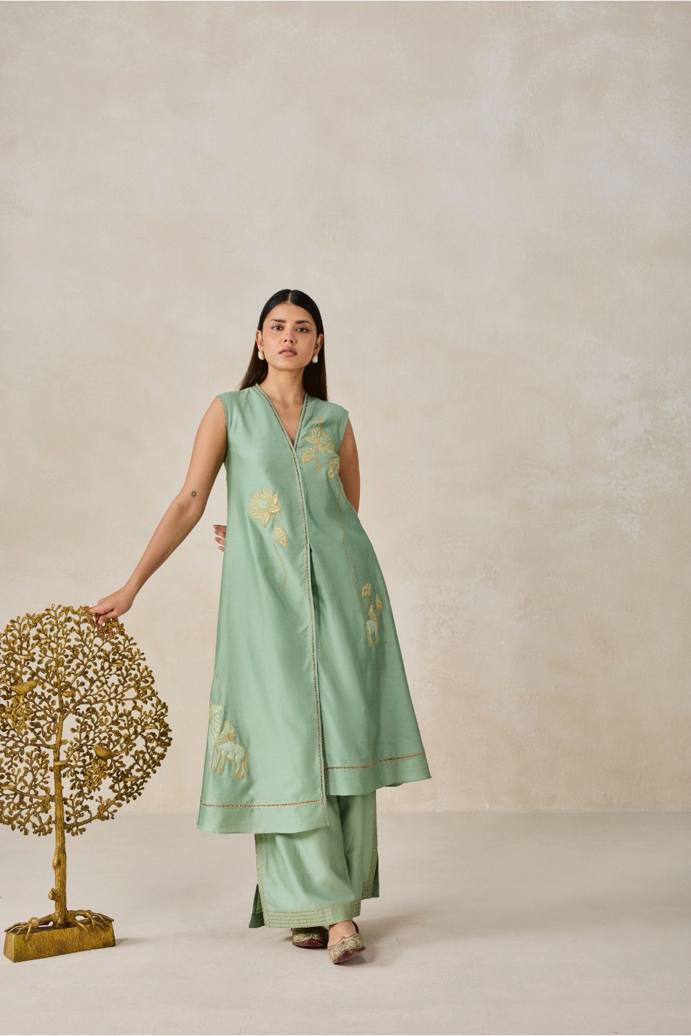 Chanderi Applique work Kurta With Pant Set
