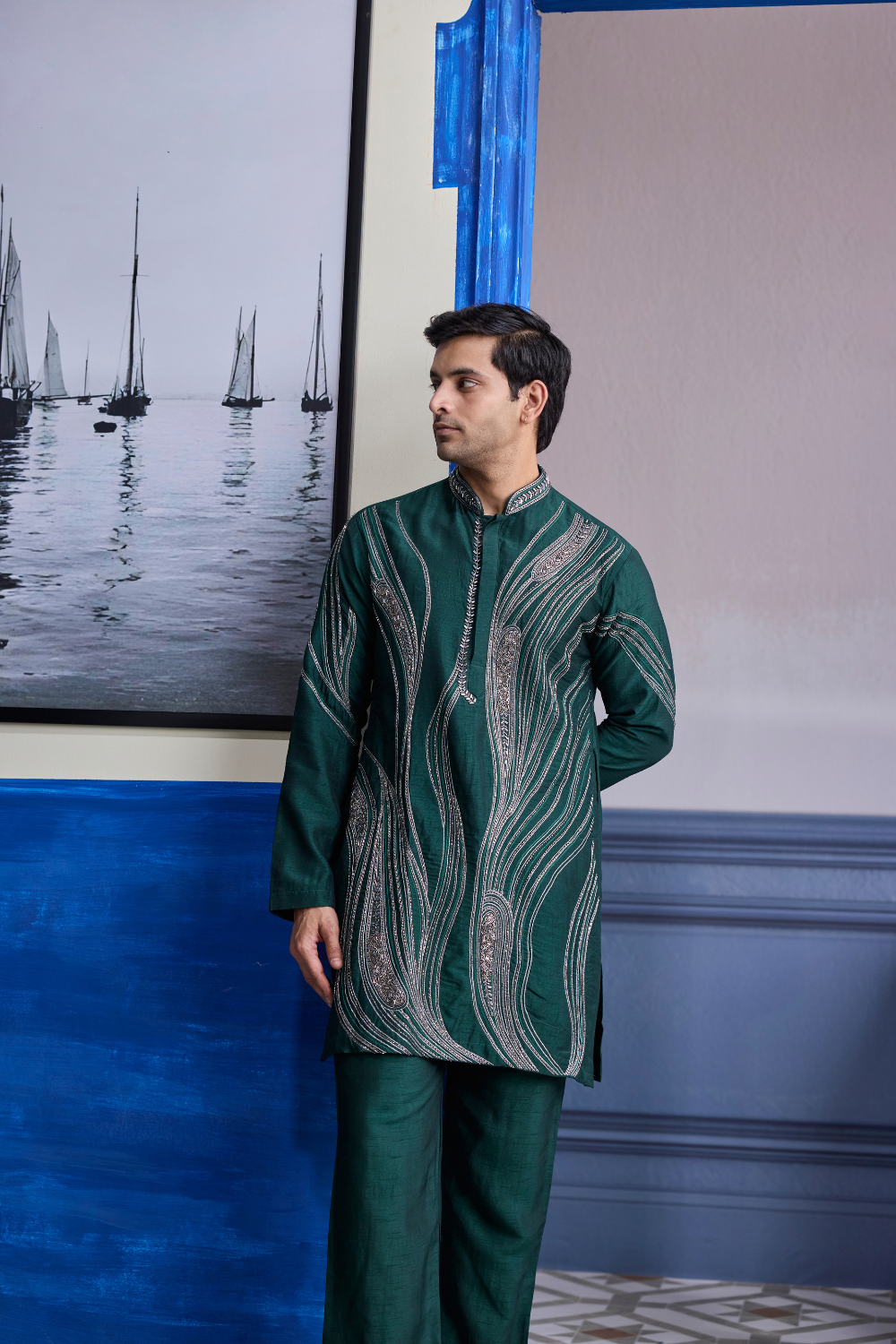 Dark Green Zari Embroidered Waves Kurta with Solid Pants