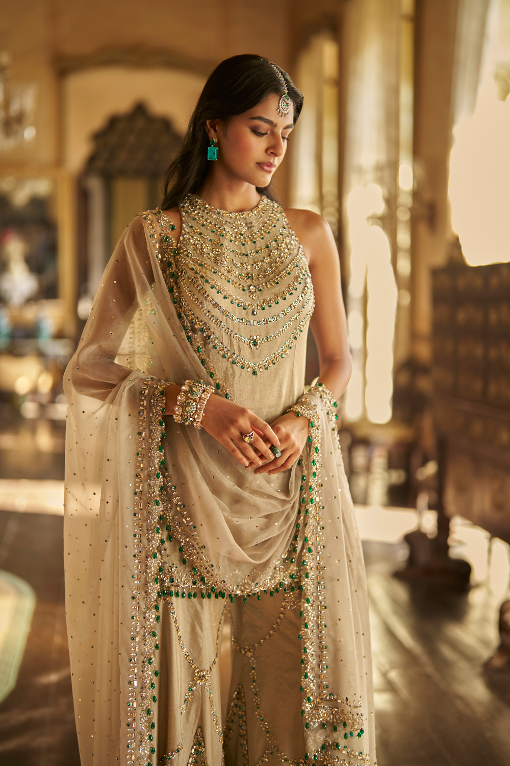Champagne Emerald Crystal Sharara Set