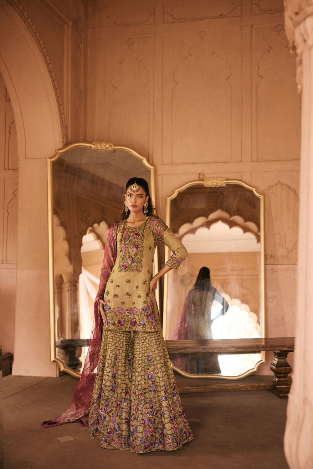 Multi-coloured, Gold, resham gharara Set