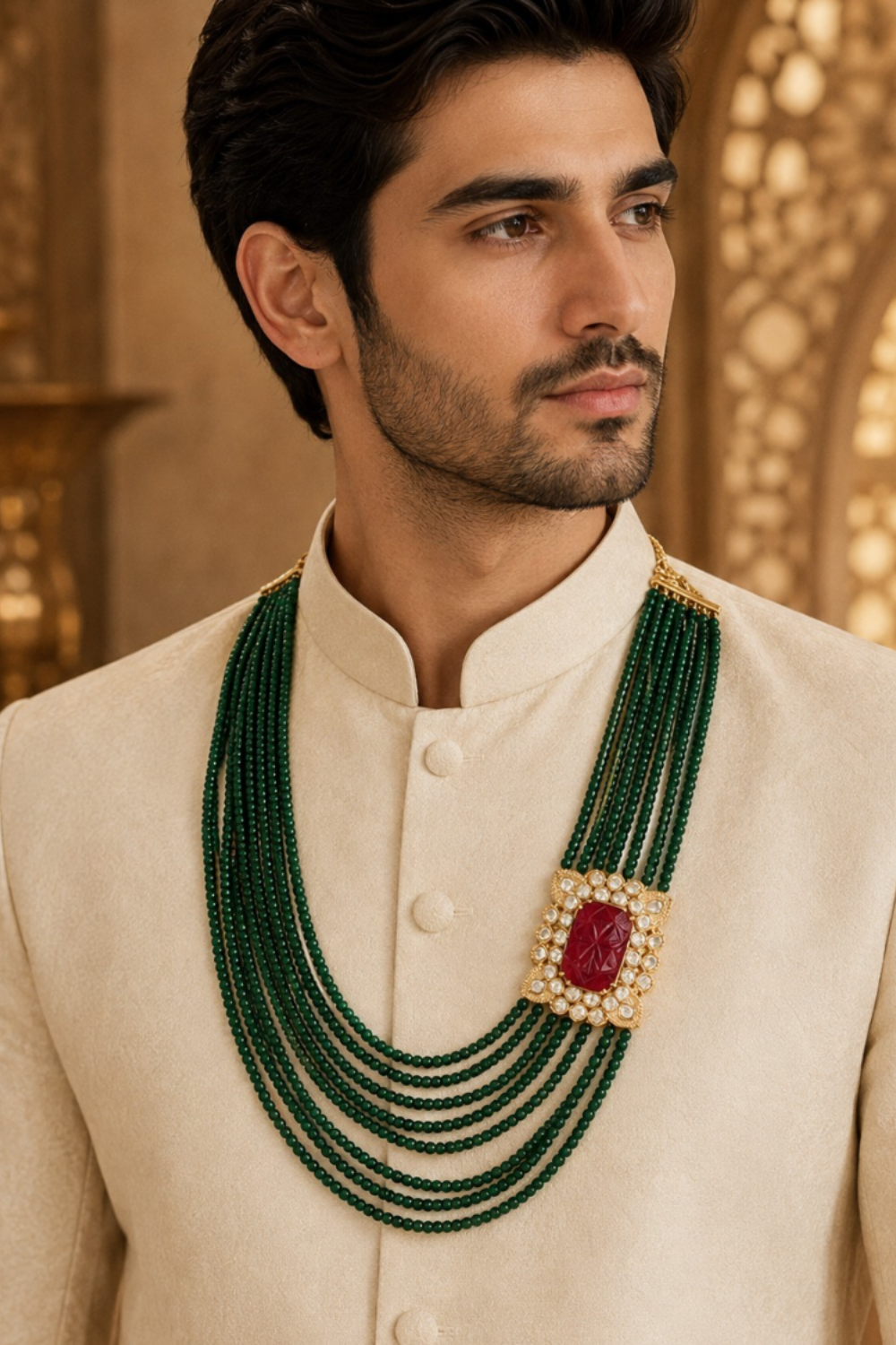 Layered Green Beaded Kundan Statement Mala