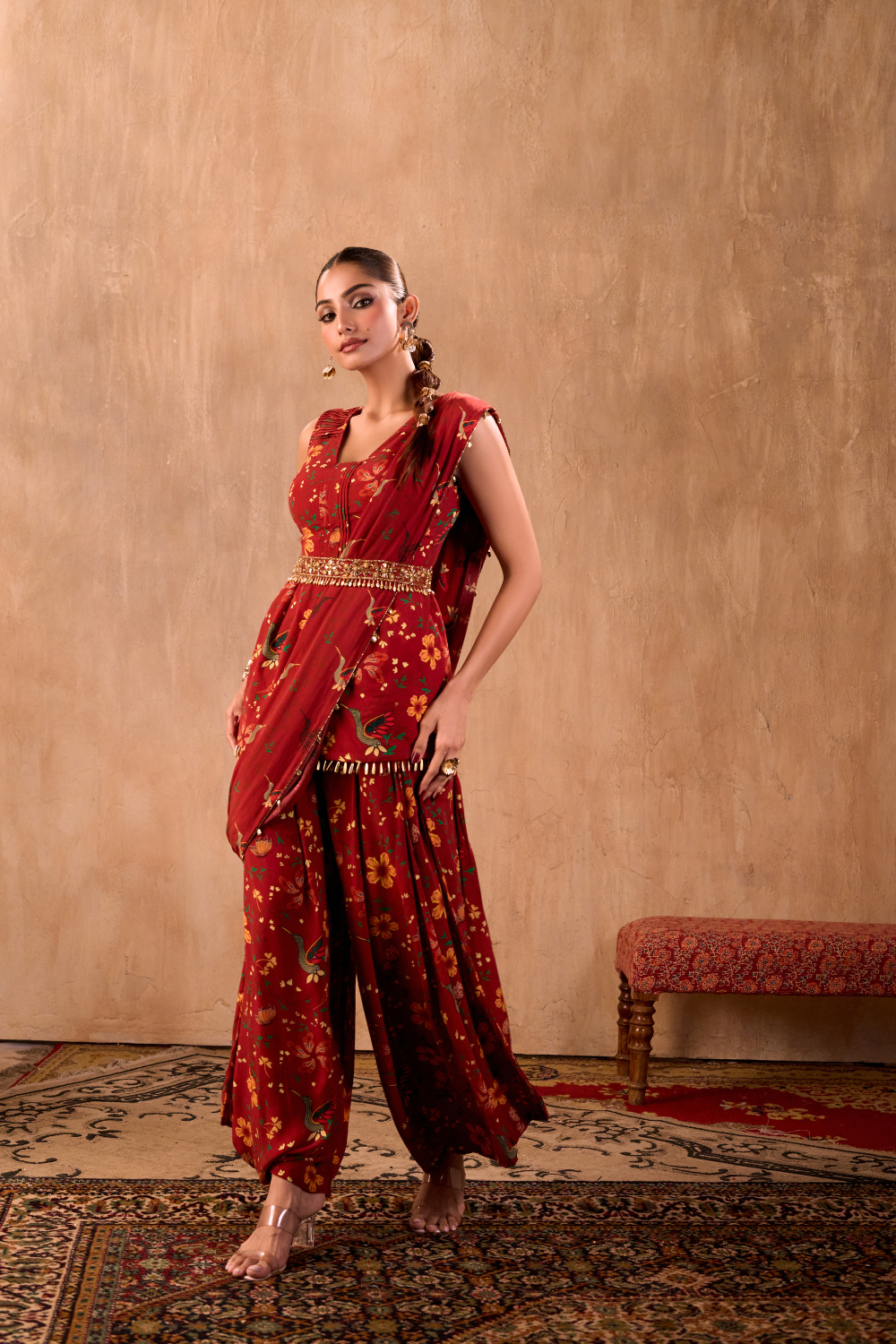 RED PRINT EMBROIDERED PEPLUM TOP, DRAPED PANTS, DRAPE AND BELT SET
