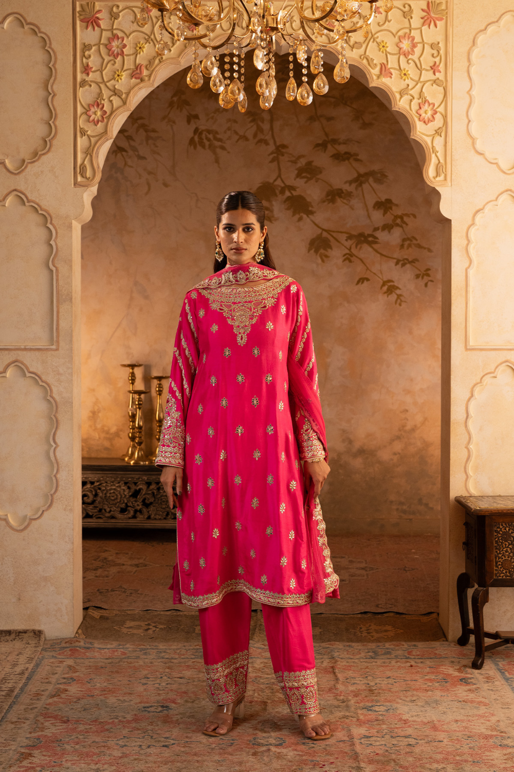 Red Raw Silk Anarkali Set