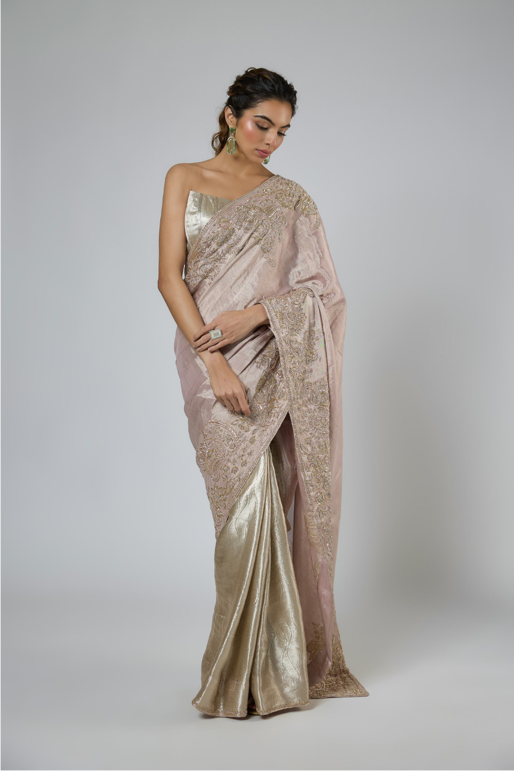 PINK AND SILVER JACQUARD ZARDOZI EMBROIDERED SAREE WITH CORSET BLOUSE