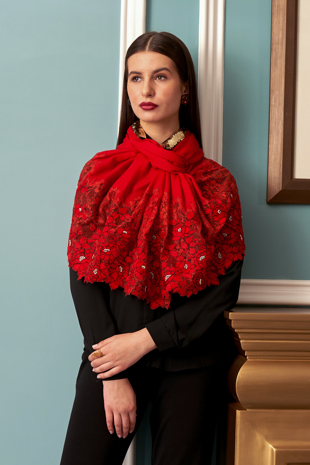 A Rose Filigree | Embroidered Wool Silk Stole – Red