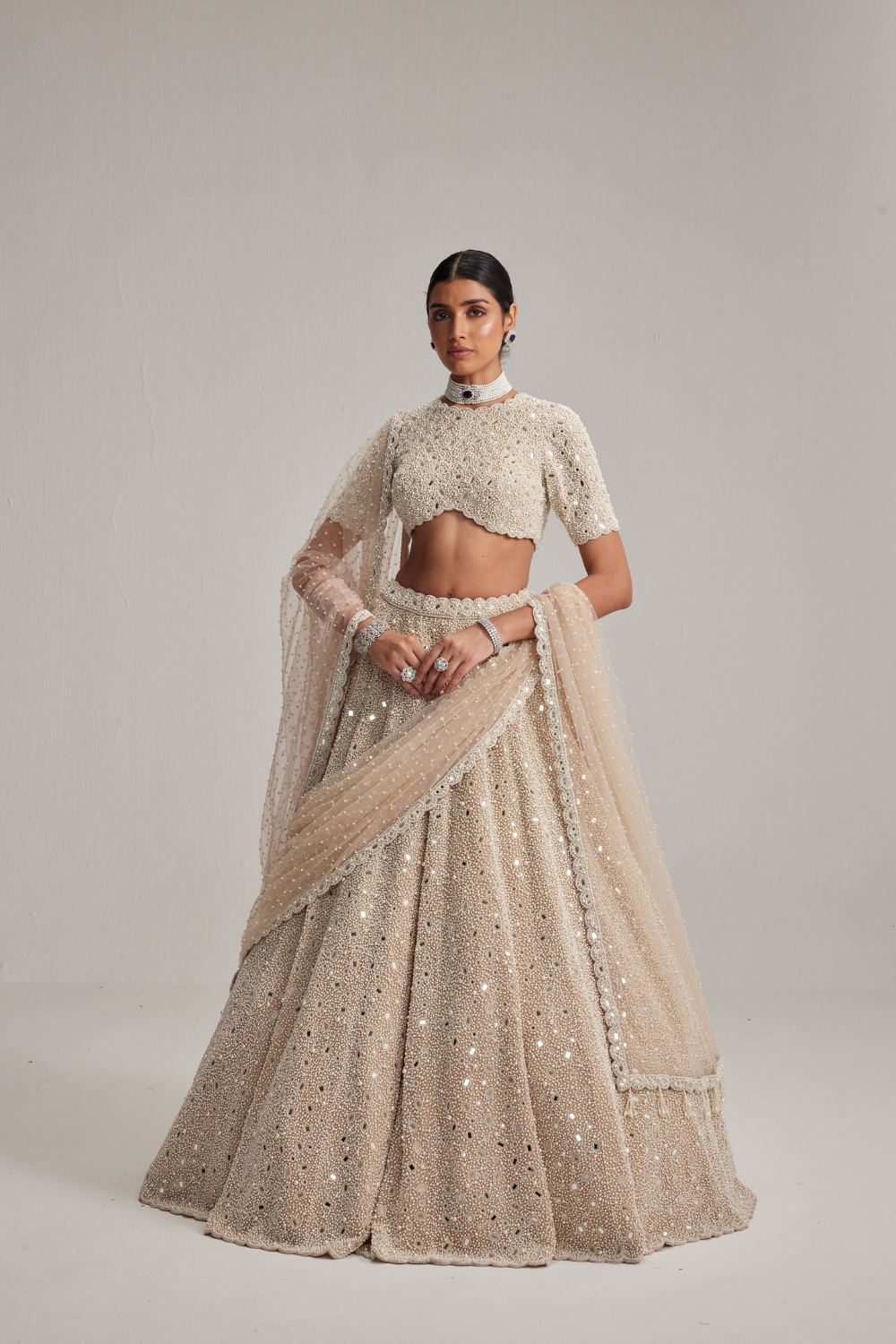 Light Beige Dense Pearl and mirror Lehenga Set with High Neck Blouse, Double Dupatta and Veil