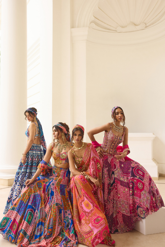 FUSCHIA PRINT AND HIGHLIGHTED CORSET BLOUSE LEHENGA SET