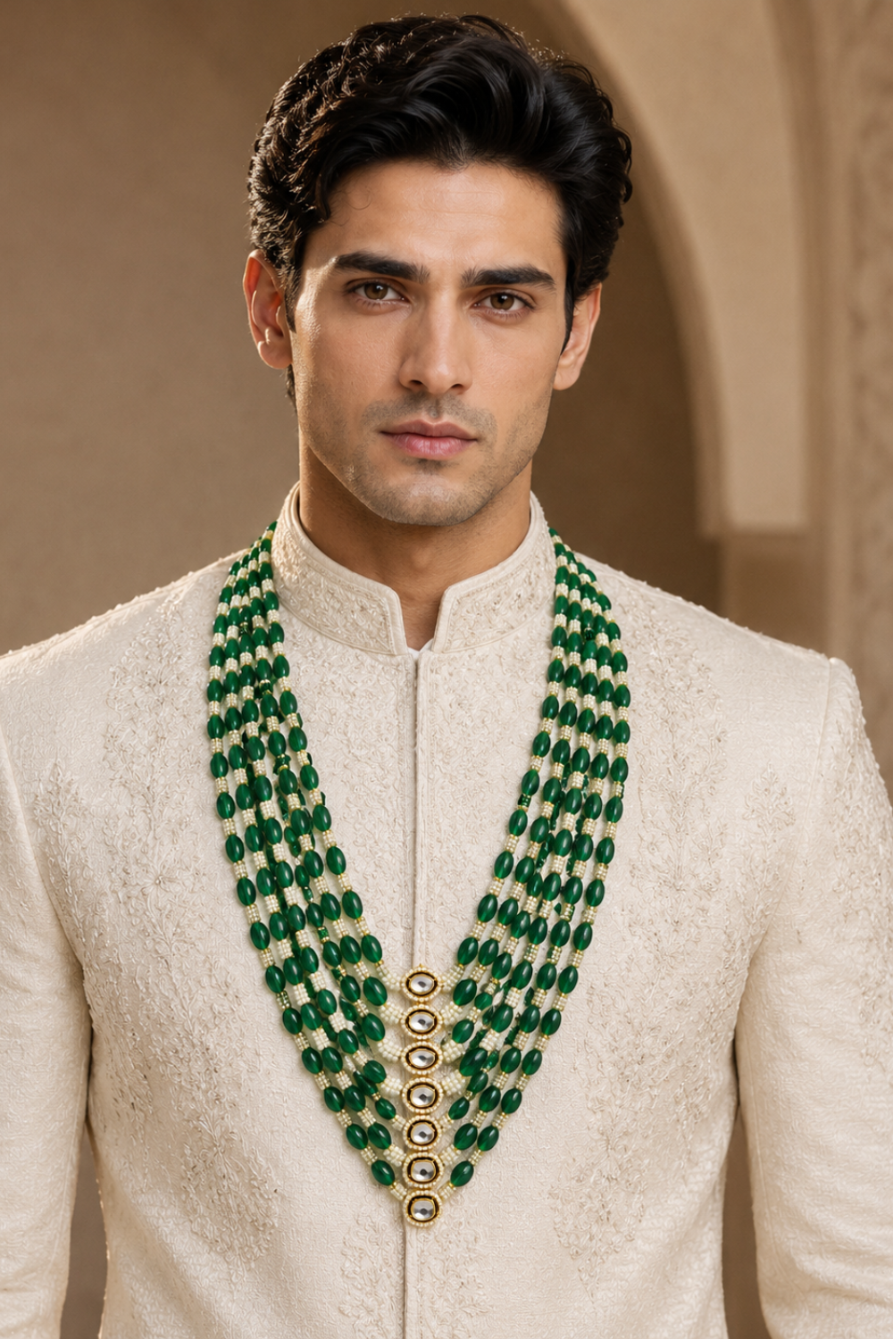 Layered Green Beaded Pearl Kundan Mala