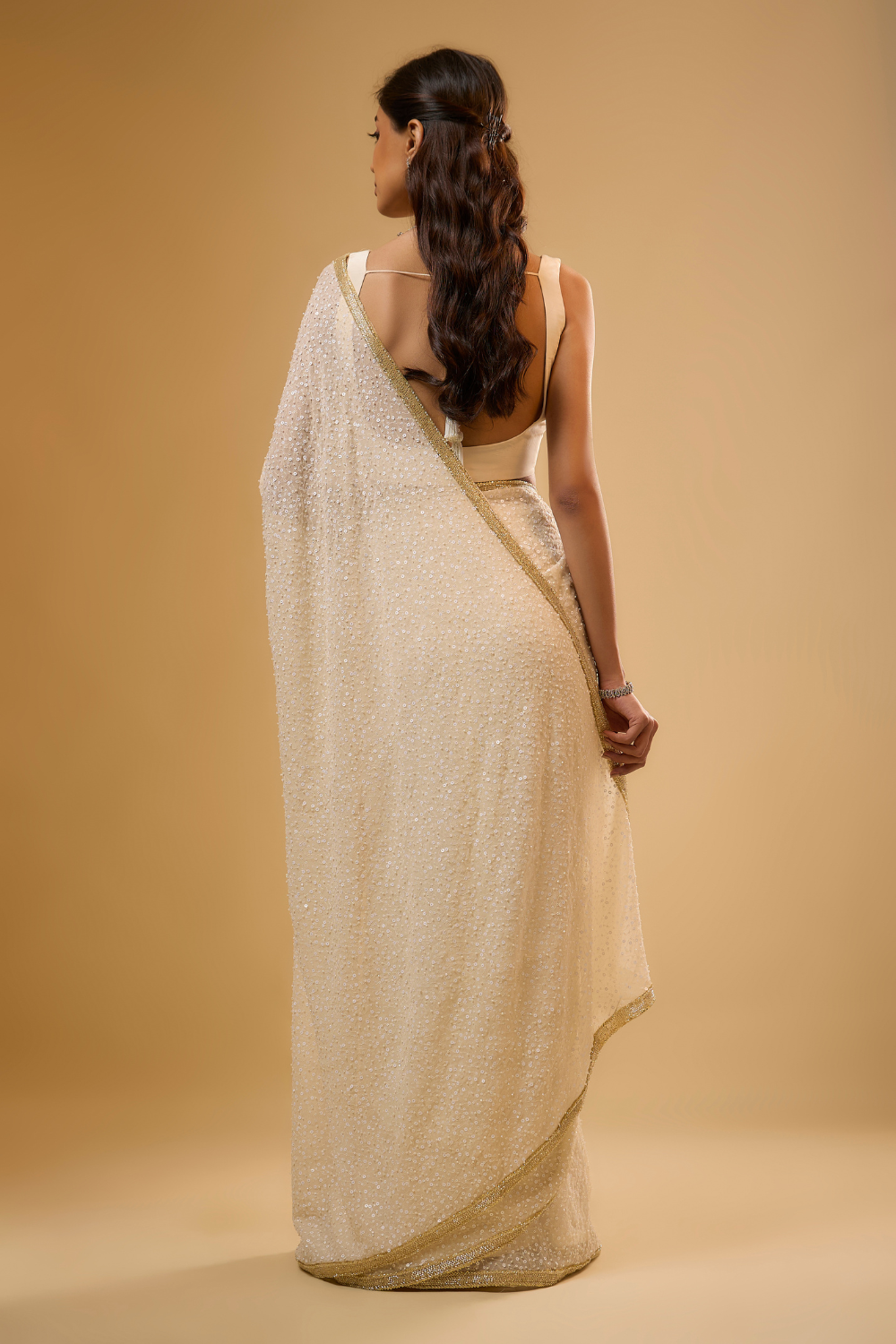 Vanilla White georgette saree set embroidered all over with sequin & glass beads