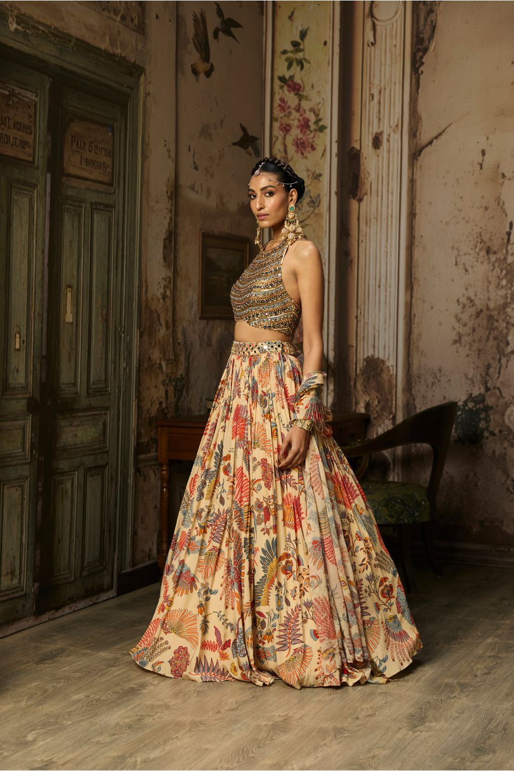 BEIGE EMBROIDERED BLOUSE WITH PRINTED AND EMBROIDERED LEHENGA SET