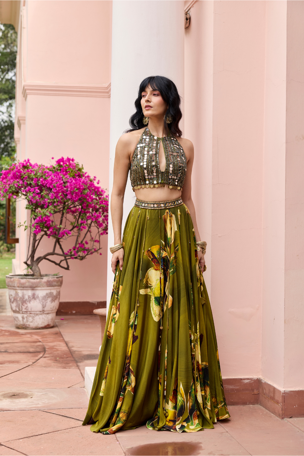 MATCHA GREEN FLORAL TASSELED LEHENGA SET