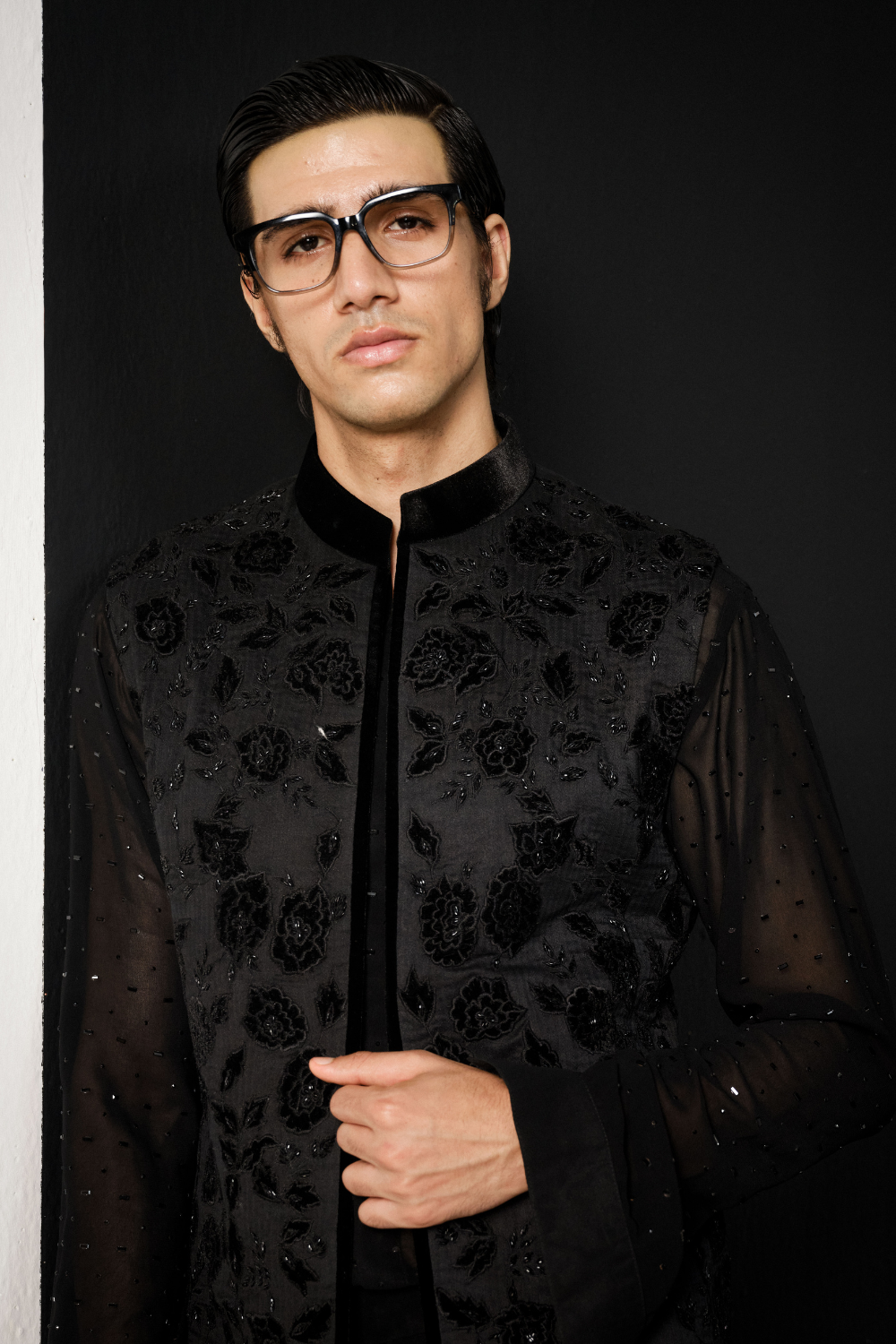 Black applique nehru jacket