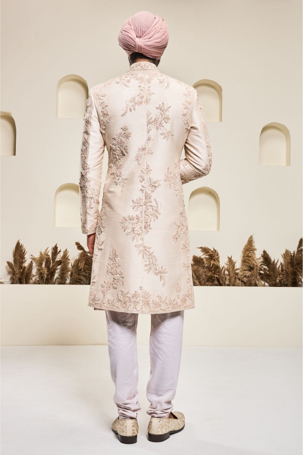 Dusty rose sherwani with pearl,sequins, critical and spring work